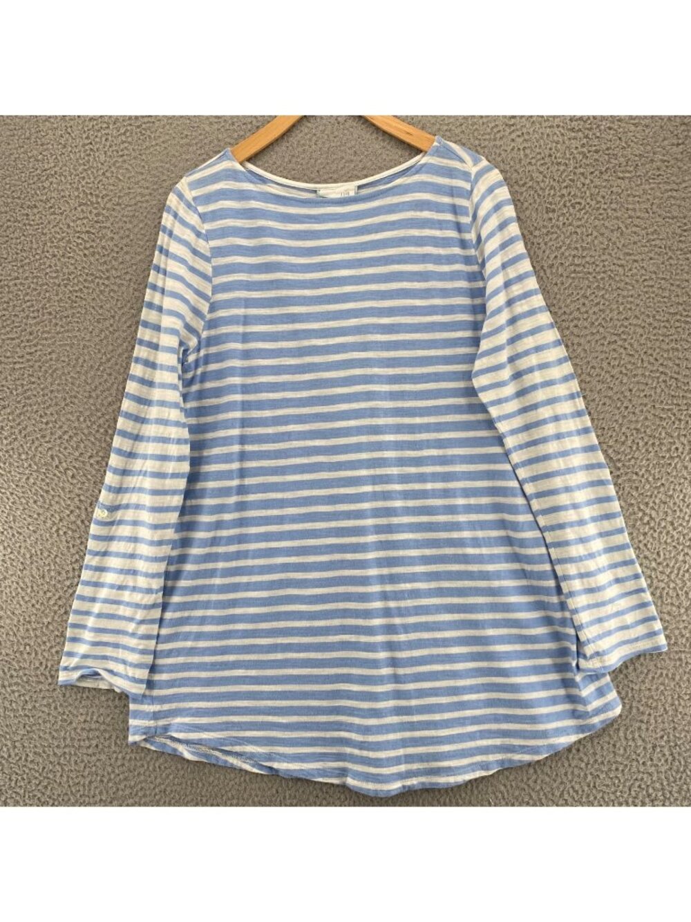 J Jill Top Womens Medium Blue Striped Long Sleeve Tee Round Neck Buttoned Back